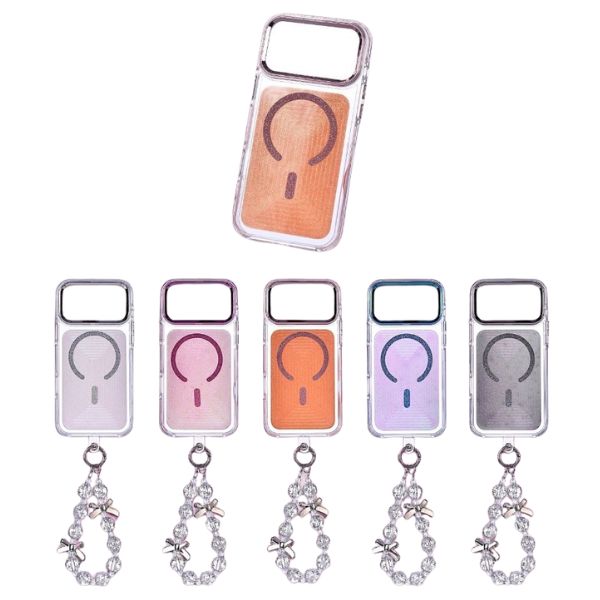 MagSafe Clear Phone Case with Glitter Design & Crystal Beaded Wrist Strap