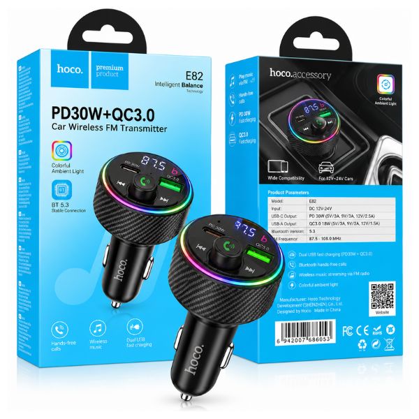 HOCO E82 Bluetooth FM Transmitter & PD 30W + QC 3.0 Dual USB Fast Car Charger