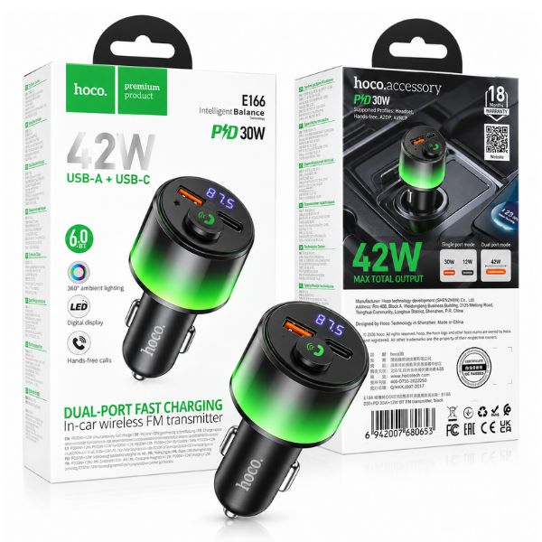 HOCO E166 Bluetooth FM Transmitter & 42W Dual USB Car Charger