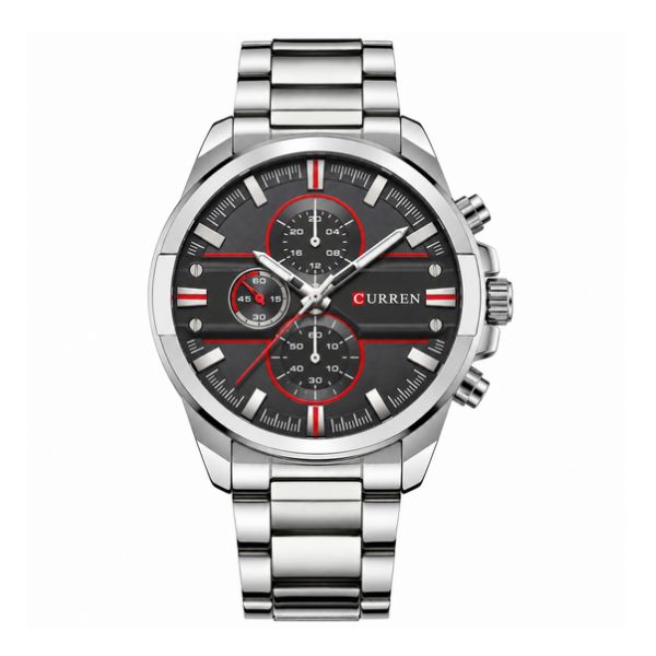 CURREN Men's Silver Stainless Steel Watch – Dark Grey Dial with Red Details