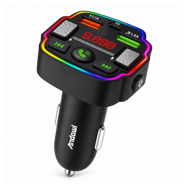 Andowl Q-C84 Bluetooth FM Transmitter & USB Car Charger with RGB LED Lights