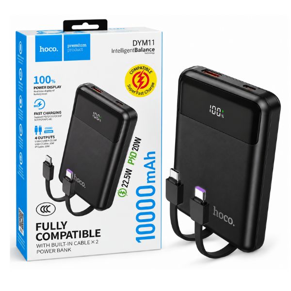 Hoco DYM11 10000mAh Power Bank with Built-in Cables – 22.5W Fast Charging & Digital Display