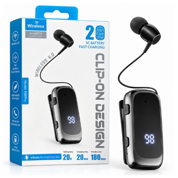 K88 Pro Retractable Wireless Bluetooth 6.0 Headset with Digital Display & Vibration Alert