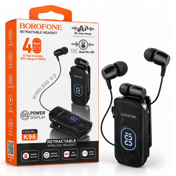BOROFONE K96 Retractable Wireless Bluetooth Headset with Digital Display & ENC Noise Reduction