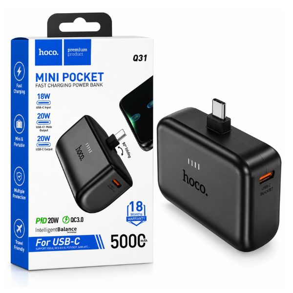 HOCO Q31 Mini Pocket Power Bank 5000mAh with Built-in USB-C Connector – 20W Fast Charging