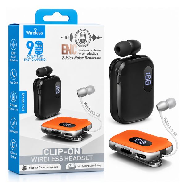 K91 Clip-On Wireless Bluetooth 6.0 Headset with ENC Noise Reduction, Digital Display & Vibration Alert
