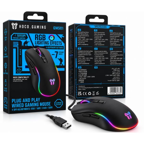 HOCO GM501 Wired Gaming Mouse with RGB Lighting – 3200 DPI, 6 Buttons